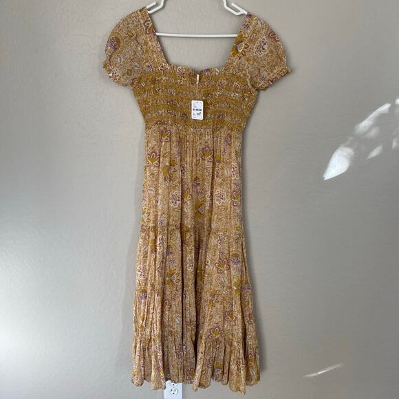 Free People Getaway Midi Maxi Dress Women’s XS Boho Floral Ivory Comb Smocked - Picture 2 of 6